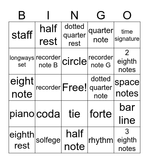 4th, 5th, 6th Grade Music Vocab Bingo Card