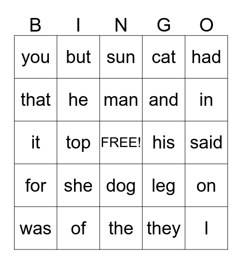 Kindergarten Sight Word Bingo Card