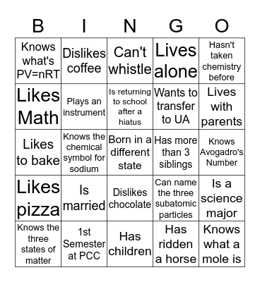 CHM 151 Bingo Card