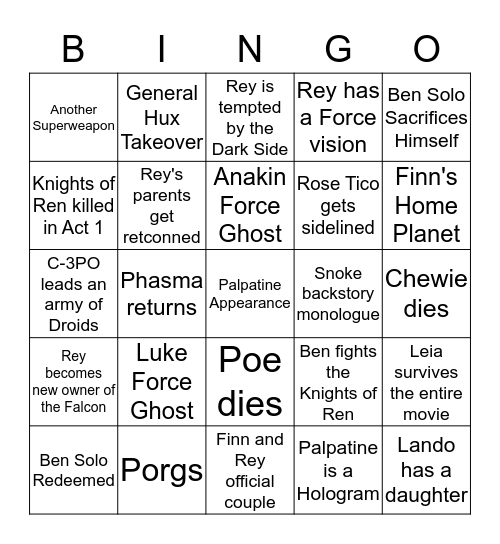Episode IX Predictions Bingo Card