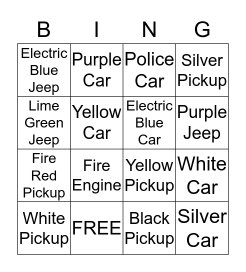 Car Color Bingo Card