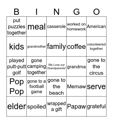Grandparents' Day Bingo Card