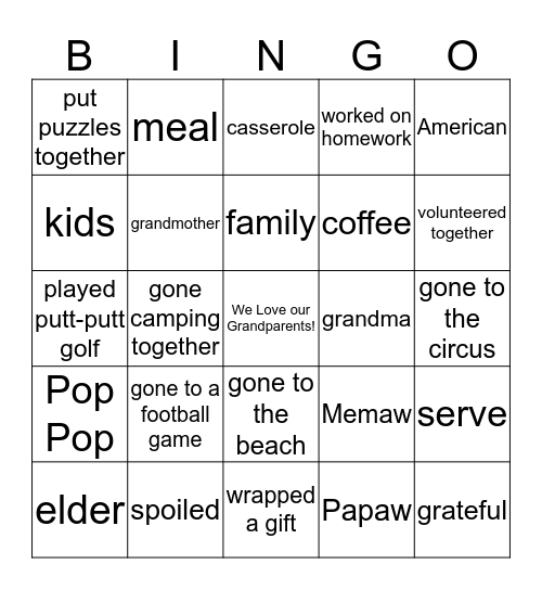 Grandparents' Day Bingo Card