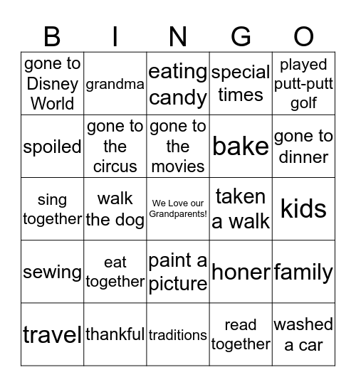 Grandparents' Day Bingo Card