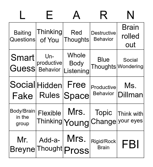 Social Thinking Vocabualry Bingo Card