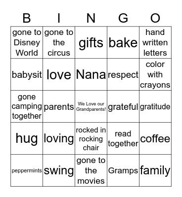 Grandparents' Day Bingo Card