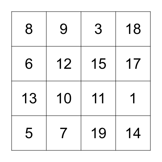 Numeros 1-20 Bingo Card