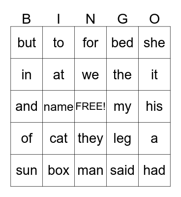 Kindergarten Sight Word Bingo Card