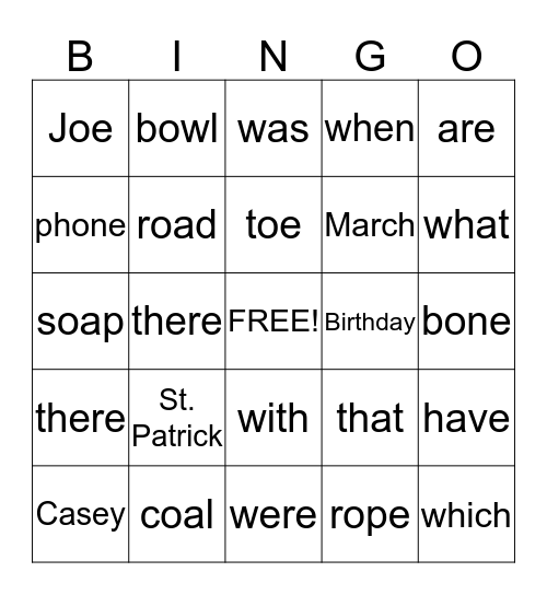 Quinn's Sight Words + Spelling Bingo Card