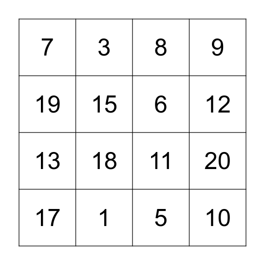 Numeros 1-20 Bingo Card