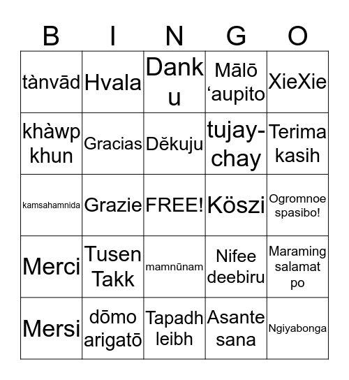 "Thank You" Bingo Card