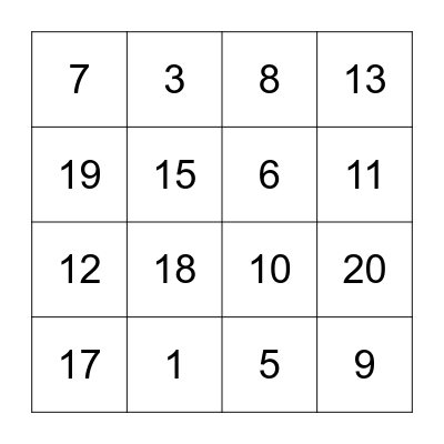 Numeros 1-20 Bingo Card