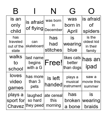 Getting to Know You! Bingo Card