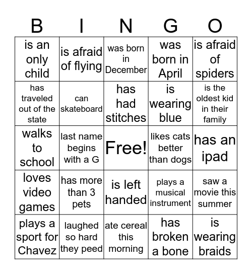 Getting to Know You! Bingo Card