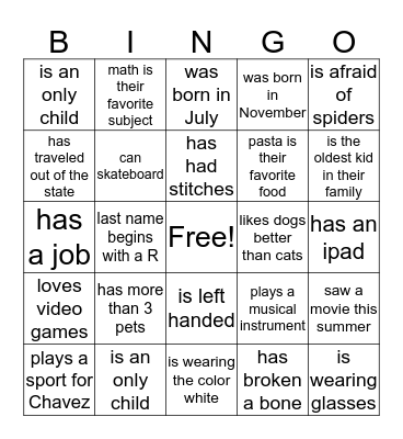 Getting to Know You! Bingo Card