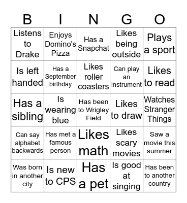 Classmate Bingo Card