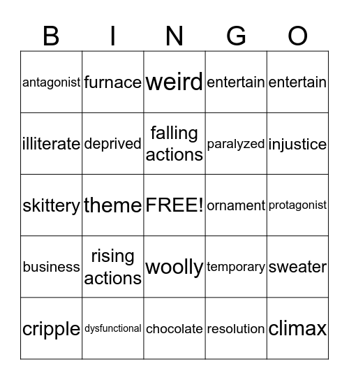 Vocabulary Week 20 Bingo Card