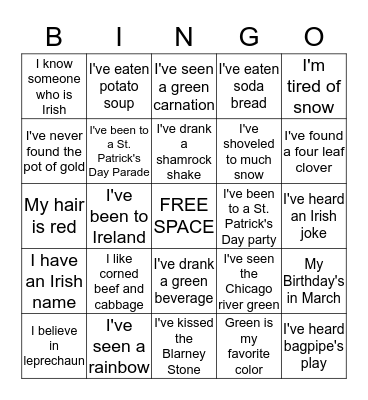 St. Patrick's Day Bingo Card