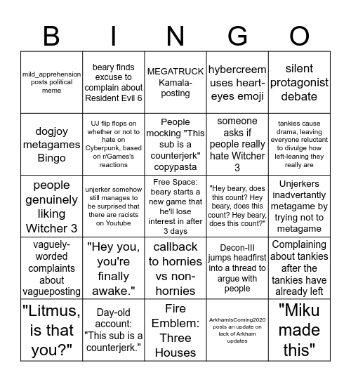 Unjerk Bingo Card