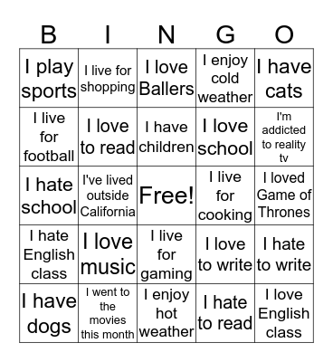 Welcome to English 100 Bingo Card