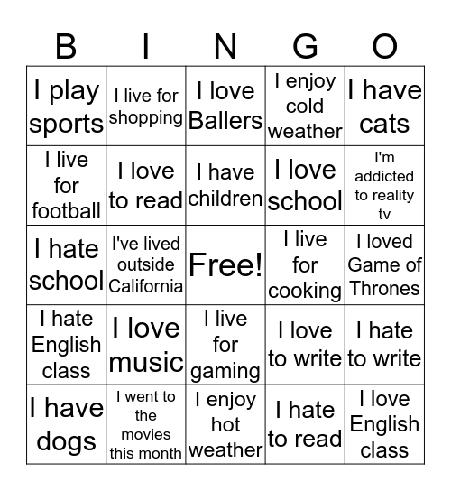 Welcome to English 100 Bingo Card