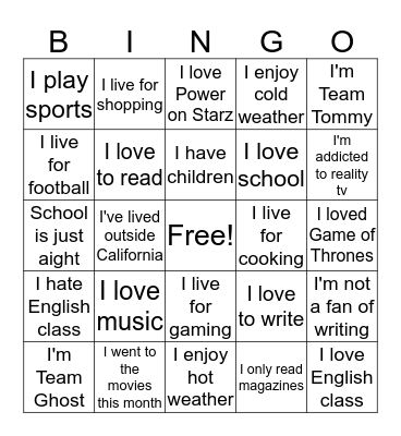 Welcome to English 100 Bingo Card