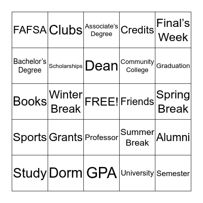 College Word Bingo Card