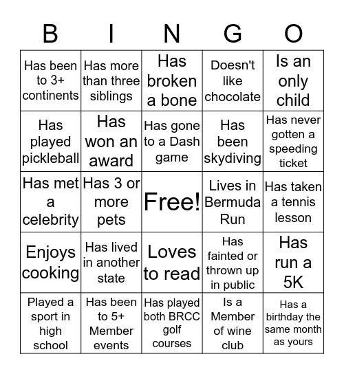 Julia's Get to Know You Bingo Card