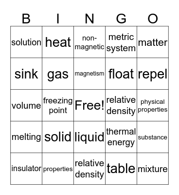 PHYSICAL PROPERTIES OF MATTER Bingo Card