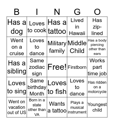 Get to know each other Bingo Card