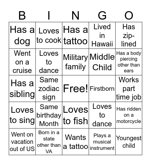 Get to know each other Bingo Card