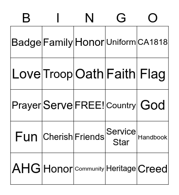 American Heritage Girls Bingo Card