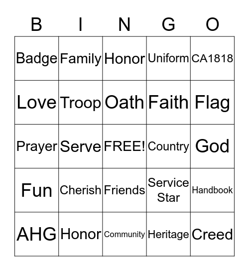 American Heritage Girls Bingo Card