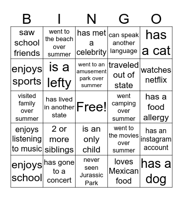 Back to School Bingo Card