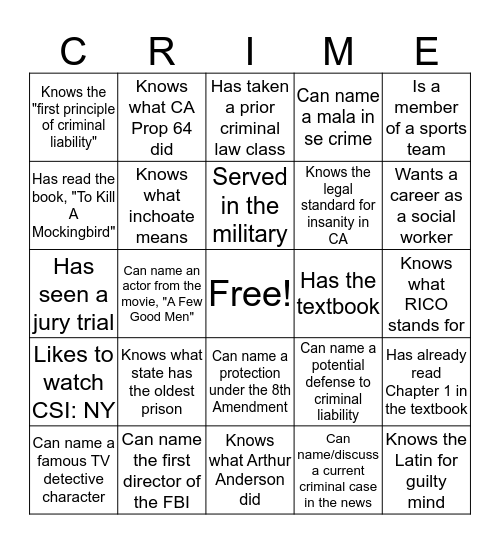 ADMJ 320 Concepts of Criminal Law Bingo Card