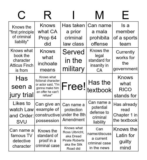 ADMJ 320 Concepts of Criminal Law Bingo Card