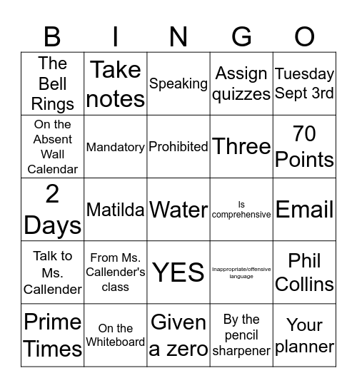 Syllabus Bingo Card