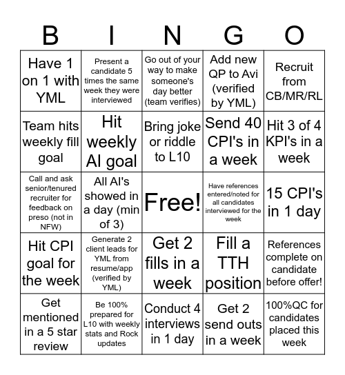 Rookie Recruiter Bingo Card