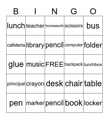 Back to School Bingo Card