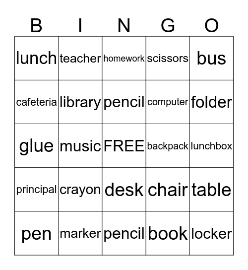 Back to School Bingo Card