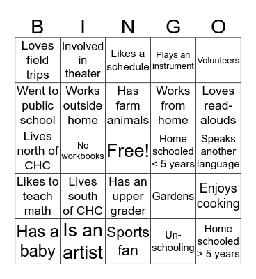 CHC Get to Know You Bingo Card