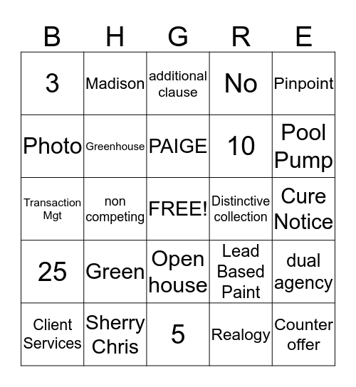Better Homes and Gardens Move Time Realty Bingo Card
