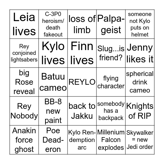 Star Wars Episode IX Bingo Card