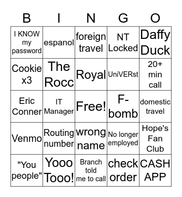 Service Center Bingo Card