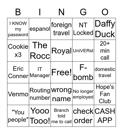 Service Center Bingo Card