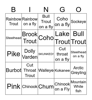 6 pack Freshwater Fishing Challenge.  Bingo Card