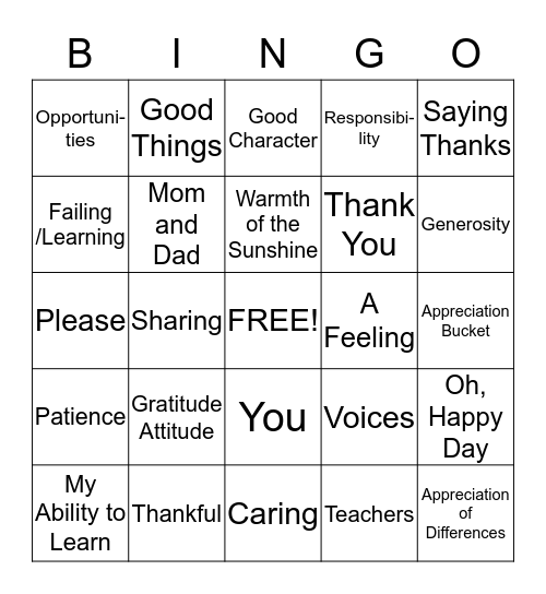 Appreciation Bingo Card