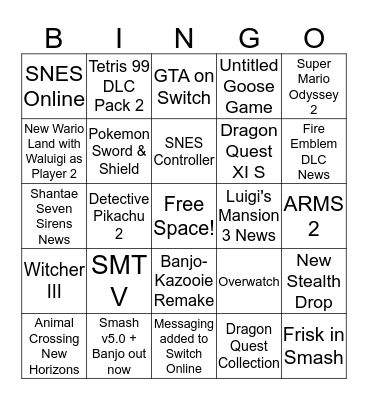 Nintendo Direct Bingo Card