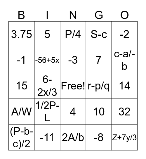 Variables on Both Sides & Literals BINGO Card