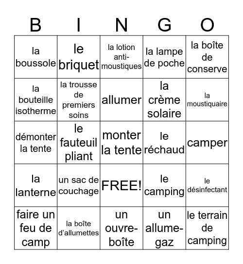 French II- 7.1 Vocabulaire Bingo Card